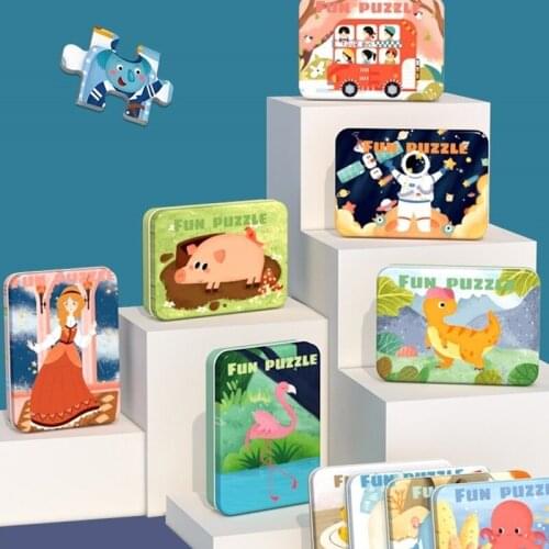 Baby Early Education Jigsaw Toys Wooden Toy Cartoon Animal Kid Early Learning Toys for Children Puzzles 3-7years With Tin Box