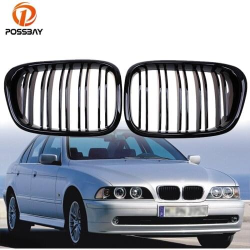 POSSBAY 2Pcs Car Front Center Grille Decoration Parts Gloss Black Double Slats Grille for BMW 5-Series E39 Touring 1997-2004
