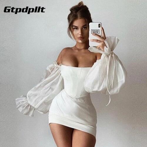 Gtpdpllt Sexy Slash Neck White Dress Off-Shoulder Long Lantern Sleeve Bodycon Femme Robe Christmas Dresses Woman Elegant 2021