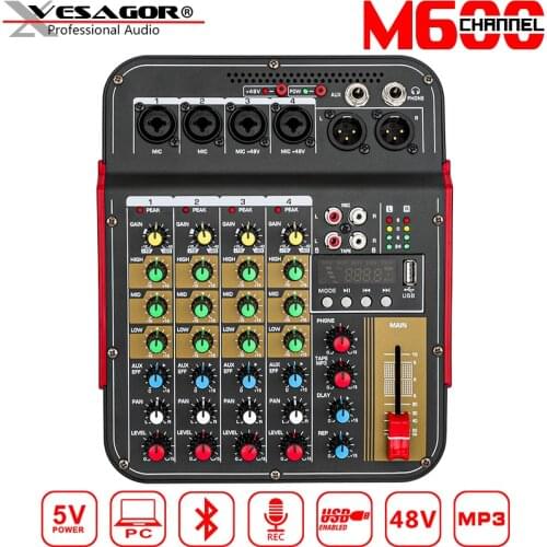 Digital Audio Mixer M600 4Ch MIC + 2RCA USB Mixer Record DJ Mixer With 48V Phantom Power With BT MP3 Professional Audio System