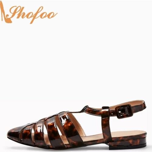 Amber Narrow Band Buckle T-Strap Enclosed Round Toe Sandals Woman Square Low Heels Large Size 12 16 Ladies Casual Shoes Shofoo
