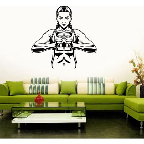 Women Gym Name Sticker Girl Dumbbell Fitness Crossfit Decal Body-building Posters Vinyl Wall Decals Parede Decor Gym Sticker