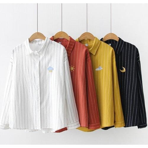 Women Shirts Simple design Loose Blouses shirts Women Long Sleeve Blouse Single-breasted Weather Sign Embroidery Cotton Shirt