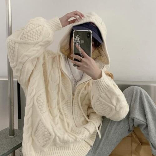 Women Sweaters Autumn Winter Zipper brown cardigan Hooded Sweater Coat Knitted Cardigan Oversized Long Lantern Sleeve Outwear