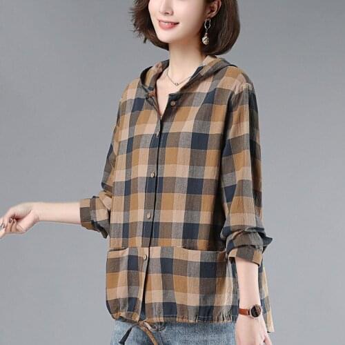 Womens Spring Autumn Style Cotton Blouses Shirts Womens Pockets Plaid Button Hooded-neck Casual Loose Tops SP716