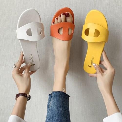 Women Summer PU Leather Slippers Ladies Vintage Solid Color Casual Slide Flap With Shoes