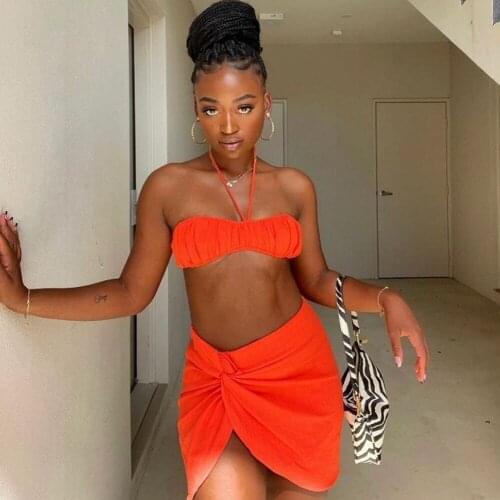 Neon Orange Halter Neck Backless Ruched Crop Tops and Front Split Sheath Mini Skirts for Women Birthday 2 Piece Club Outfits