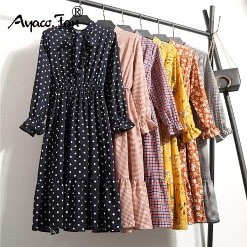 2019 Spring Autumn Chiffon Shirt Dresses Office Plaid Polka Dot Vintage Dresses Women Dress Casual Red Midi Floral Dress Female