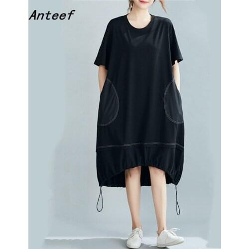 Short sleeve black cotton vintage dresses for women casual loose midi woman summer dress elegant clothes 2021 sundress