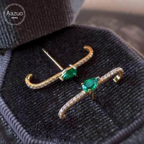 Aazuo Real 18K Yellow Gold Natural Emerald Real Diamonds Long Line Stud Earrings gifted for Women Engagement Wedding Party