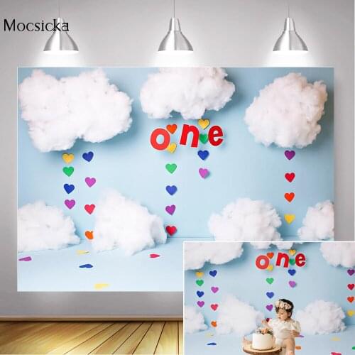 One Birthday Cake Smash Photography Backdrop Blue Sky White Cloud Children Portrait Background for Photo Studio Photophone