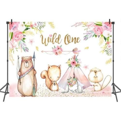 Wild one Birthday Photography Backdrop Flower Cartoon Safari Animals Tribe Party Background Cake Table Banner Decoration