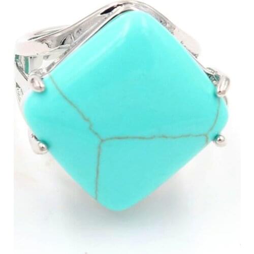 FYJS Unique Silver Plated Rhombus Shape Resizable Finger Ring with Green Turquoises Stone Jewelry