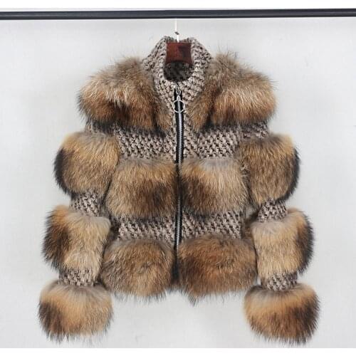 Brand 2020 New Real Fur Coat Winter Jacket Women Natural Raccoon Fur Weave Wool Fabric Stand Collar Plaid Outerwear Streetwear