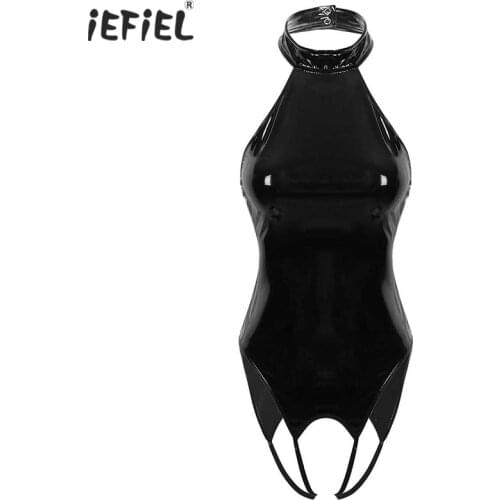 Latex Catsuit Sexy Clubwear Wet Look Patent Leather Womens Lingerie Bodysuit Halter Neck Backless Open Crotch Leotard Nightwear
