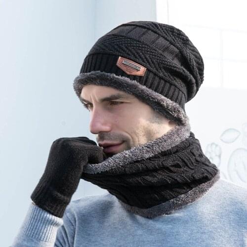 Mens Winter Knitted Hats Thick Warm Beanies Caps Ski Cap Neck Guard with Scarf Gloves
