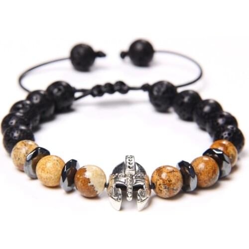 Natural Stone Spartan Mask Charm Braided Bracelet Adjustable Rope Length Bloodstone Picture Stone Beaded For Brave Men Bracelets