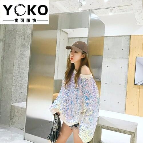 2019 spring and autumn new womens loose sweater lazy fashion long-sleeved capless hooded blingbling sequins sweater club party