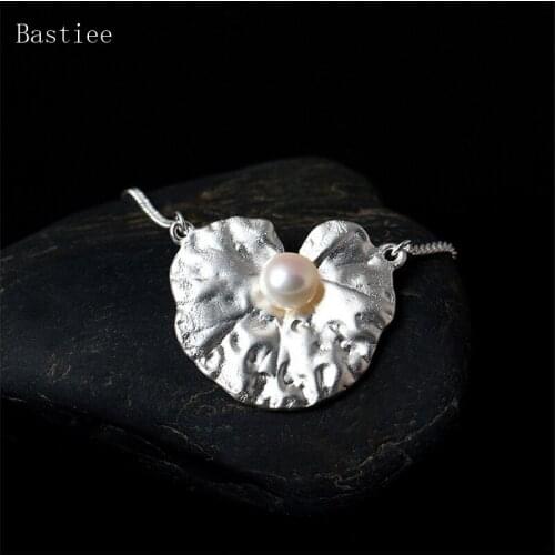 Bastiee Lotus Leaf Pearl Necklace Pendant Gifts Silver 925 Jewelry For Women Vintage Link Chain