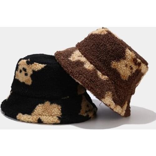 Unisex Bucket Hat Cute bear Women Men Fishing Fisherman Hat Autumn Winter Lamb Wool Outdoor Warm Panama Cap