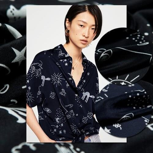 Cartoon painting printed pure silk crepe de chine fabric,black and navy,sewing for dress,skirt,blouse,child,craft by the yard