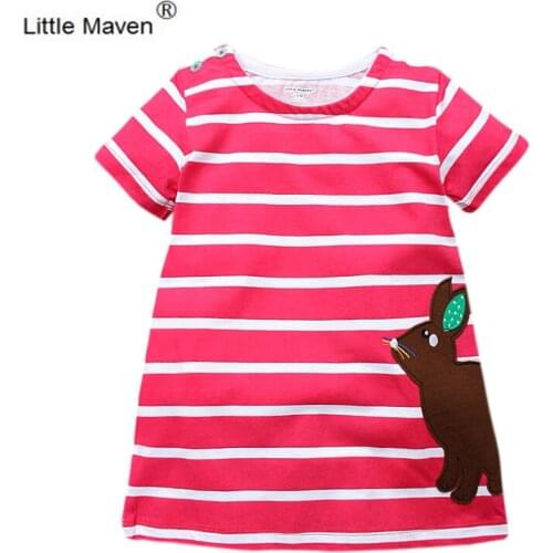 Little Maven 1-6years Girls Short Sleeve Dresses 100% Cotton Casual rabbit red and white stripe Kids Dresses for Girls Clothing