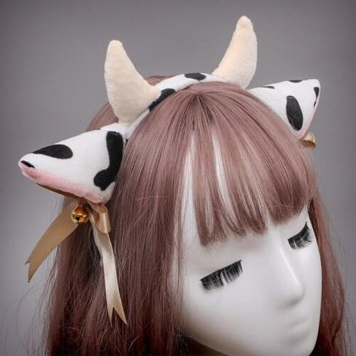 Cartoon Plush Cow Ears Headband with Bells Ribbon Bow Anime Lolita Hair Hoop Kawaii Animal Party Cosplay Headpiece Accessories