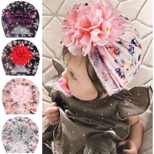 Nishine Printted Flower Baby Girl Hats Gold Dot Floral Kid Caps Infant Princess Turban Bonnet Newborn Photography Props