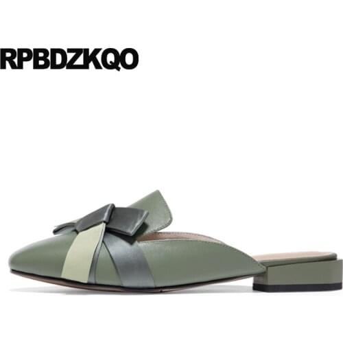 Ladies Beautiful Flats Shoes Slip On Square Toe Designer Women Black Genuine Leather Slippers Kawaii Size 34 Green Mules Bow