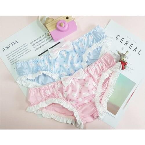 Cute bowknot rabbit print panties girls low waist soft sister fat times ice milk silk print girls low waist triangle panties
