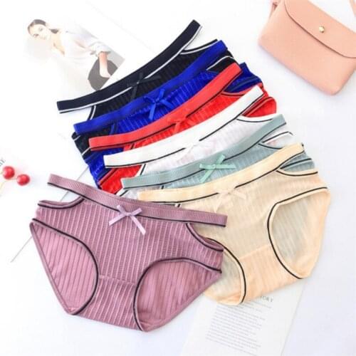 Women Sexy Thread Stripes Ice Silk Panties Sexy Lady Hollow Out Waist Bow Briefs Mid-Rise Panties Underwear