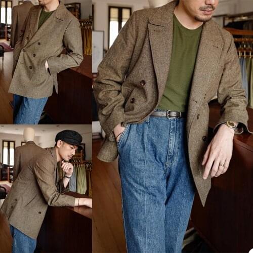 Vintage Men Tuxedos Double Braested Peaked Lapel Blazer Smart Casual Daily Business 1 Piece New Design Coat Jacket