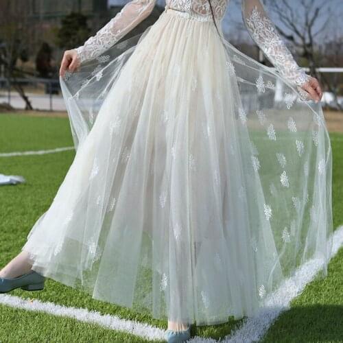 Blue Butterfly Embroidery mesh skirt spring and summer new long skirt high waist fairy skirt Lace A-LINE Solid korean