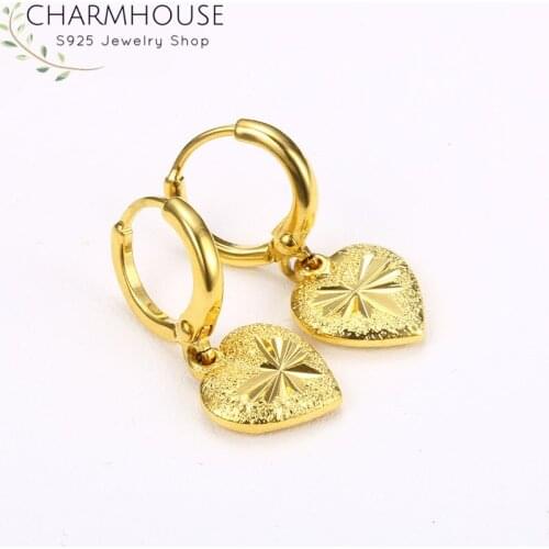 Brincos Femme Love Heart Earrings for Women African Yellow Gold Color Drop Earing Not Allergic Party Wedding Jewelry Accessory