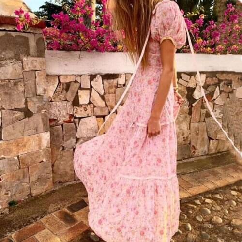 Retro Princess Flower Dress Women Romantic Square neck Ruched front Hem Patchwork Long Dresses Holiday Vestidos Stream