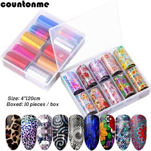 10Rolls/Set Holographic Nail Sticker Transfer Foil Decals Starry Sky Laser Flowers Mix Designs 4*120CM Manicure Nail Art Sticker