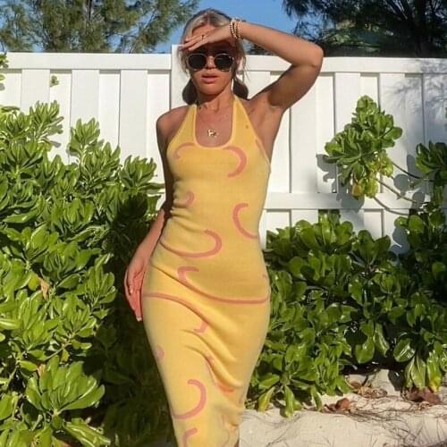 2021 Y2K Yellow Knit Modest Dresses for Women Bodycon Halter Summer Sleeveless Sexy Dress Off Shoulder Midi Backless Dress Beach
