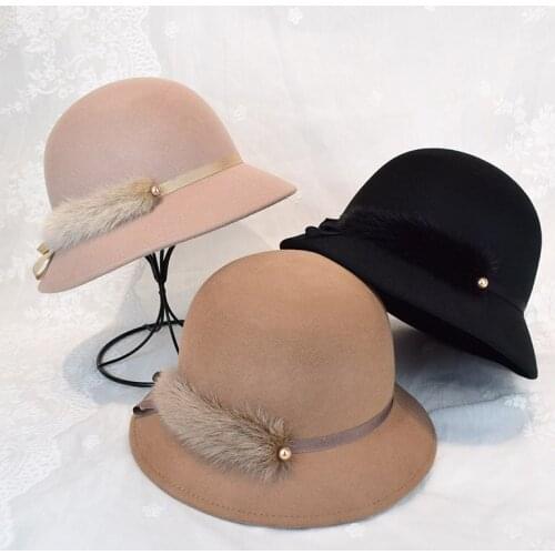 202109-chenxing autumn Britain formal dinner wool Fur decoration lady bucket cap women fishermen hat