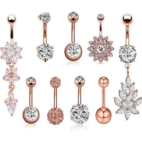 9Pcs/set Rose Gold Women Navel Button Rings Rhinestone Sexy Belly Navel Piercing Ring Medical Steel Body Jewelry