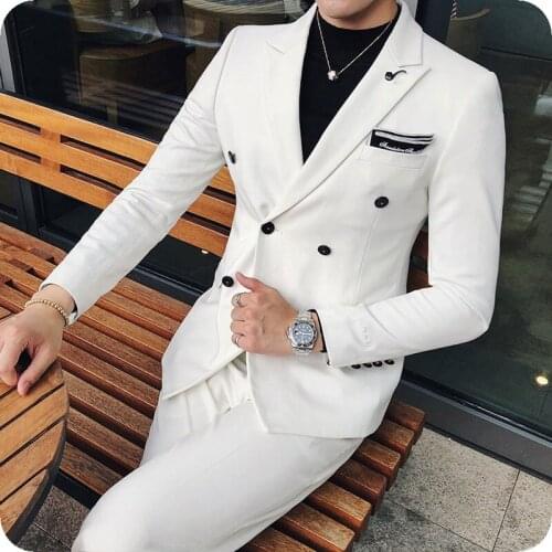 White Mens Classic Suits Groom Wedding Tuxedo Double Breasted Custom Made Man Blazer Peak Lapel 2Piece Coat Pants Costume Homme