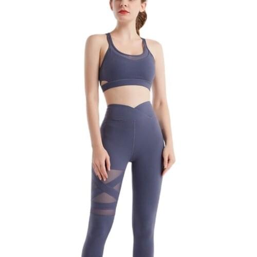 Seamless Fitness Set Yoga Clothes Fashion Sexy Tops Vest Breathable Sports Bra Womens Mesh Stitching Cross Yoga Pants Gym Suits