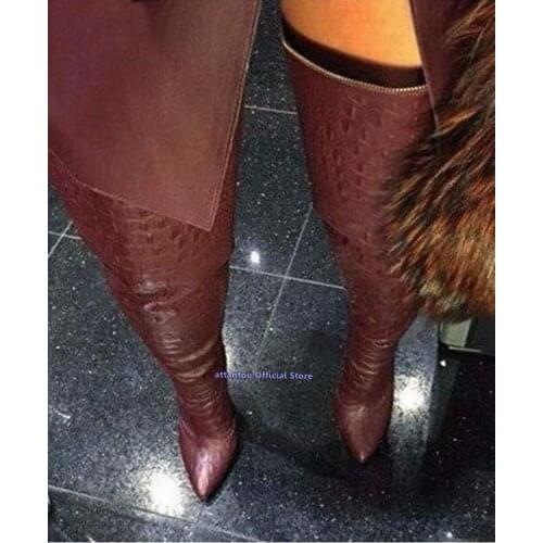 Wine Red Black Leather Thin High Heeled Pointed Toe Boots Women Autumn Winter Slip On Over The Knee Thigh High Boots