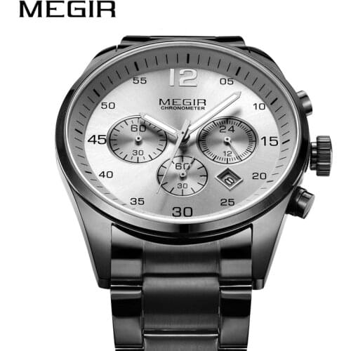 MEGIR Black Mens Watches with Stainless Steel Band Business Waterproof Quartz Military Wrist Watch for Man Clock Reloj Hombre
