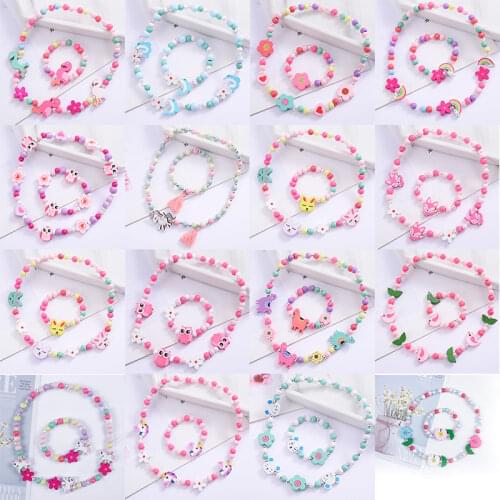 New Cute Cartoon Animal Flower Mermaid Wooden Beads Charms Childrens Girl Necklace Bracelet Birthday Party Jewelry Gift Set