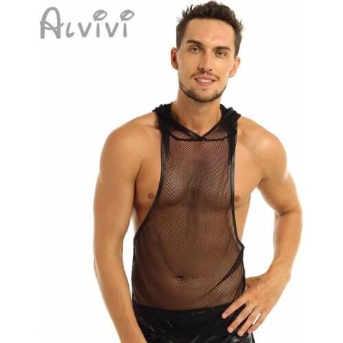 Alvivi Mens Fishnet Undershirt Tank Top See Through Hooded Sheer Mesh Fishnet Vest Black Sleeveless Mesh Cro Top Clubwear Hot