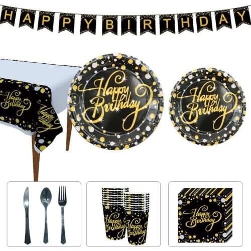 Black Gold Party Disposable Tableware Set Party Table Decoration Plate Cup Knife Spoon Fork Napkin Wedding Birthday Party Supply