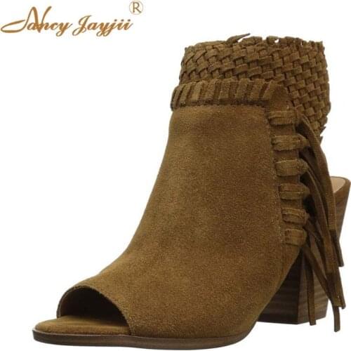Nancyjayjii Female Shoes Adult Flock Lady Boots Zipper Fringe Peep Toe Super High Square heels Summer Fashion Sexy Novelty 2019