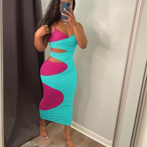 DSMTRC Summer Strap Color Patchwork Hollow Out Midi Dress Women Sexy Bodycon Fitness Streetwear Clubwear Elegant Sundress