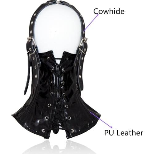 Slave Adjustable Leather Harness Hood Mask Headgear With Neck Collar For Fetish Bdsm Bondage Halloween,Sex Toys For Adults Games