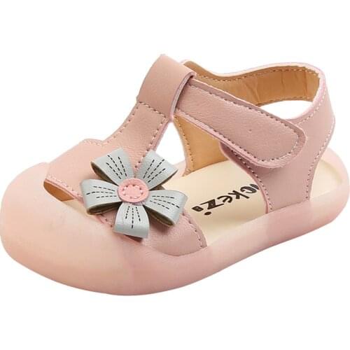 Toddlers Girls Floral Sandals Baby First Walkers Kids Summer Beach Shoes T-strap Cut-outs Covered Toes Anti-kick Flowers Sweet